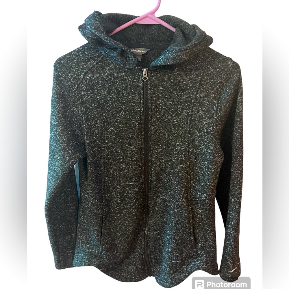 Black & Gray Heathered Knit Zippered Long Sleeve Hoodie by Eddie Bauer. Size = S